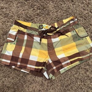 Roxy Women's Checkered Shorts - Brown, Yellow, and White